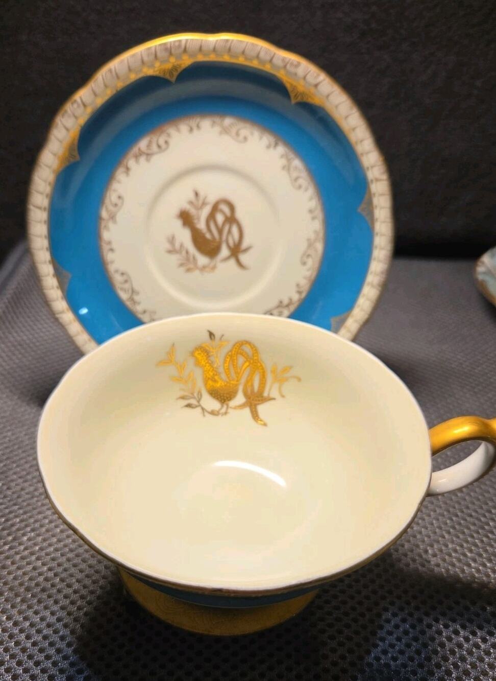 Vintage Del-mar porcelain teacup and saucer with gold rooster motif